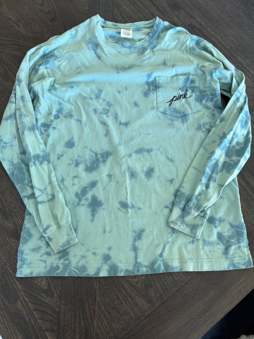 Victoria's Secret Pink Long Sleeve Tie Dye Pocket Tee Light Blue Teal